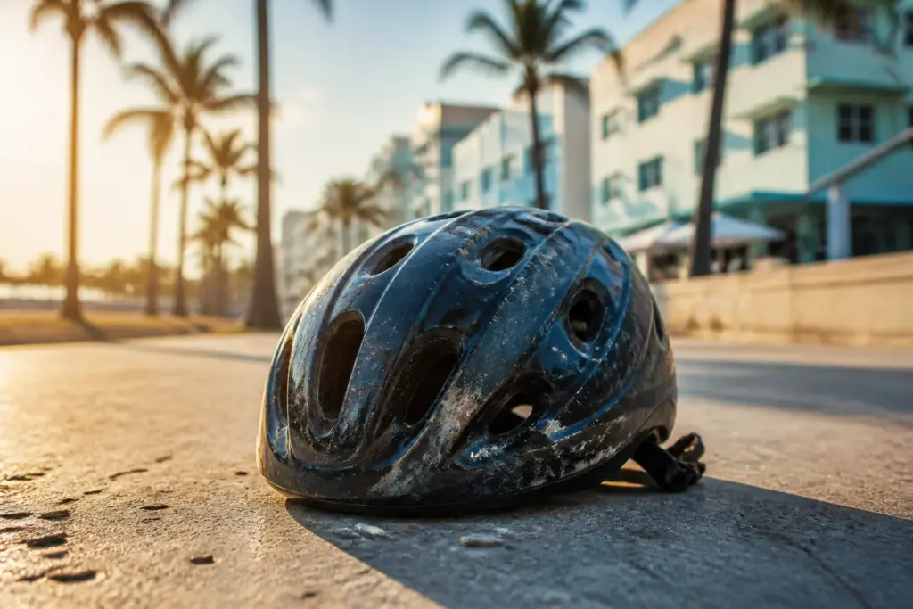 A battered bicycle helmet resting on sunlit Miami pavement, single subject in focus, background softly blurred with palm trees and pastel Art Deco bui...