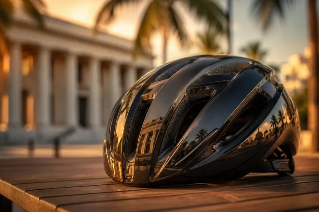 A close-up, high-resolution bicycle helmet placed on a wooden table in soft Miami golden-hour light, subtle reflection of courthouse columns on the he...