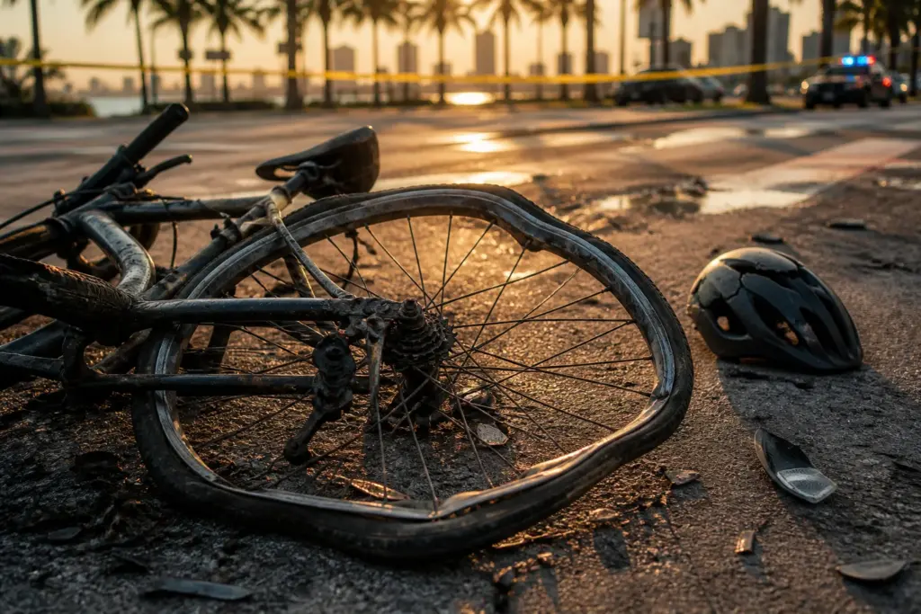 A close-up of a damaged bicycle wheel and bent frame lying on sunlit Miami asphalt with palm tree shadows and faint distant skyline, a cracked helmet...