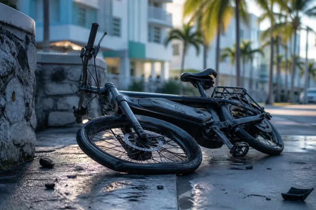 A single damaged Class e-bike lying on its side on a sunlit Miami sidewalk, flattened front wheel, torn saddle, scattered small debris, palm trees a...