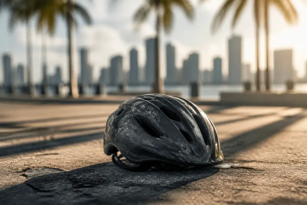 A solitary dented bicycle helmet resting on sunlit Miami pavement, palm tree shadows and faint skyline bokeh in background, somber cinematic lighting,...