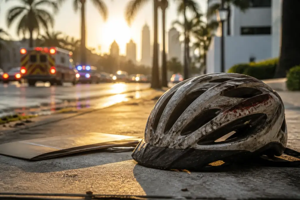 Close-up of a battered bicycle helmet lying on a sunlit Miami sidewalk, palm tree shadows, subtle wet street reflection, blurred ambulance and police...