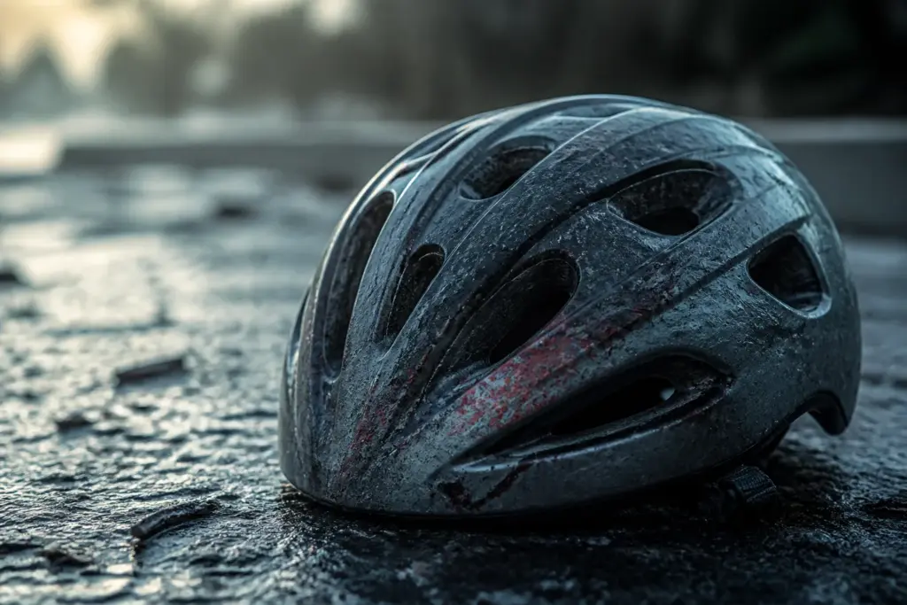 Close-up of a battered bicycle helmet with subtle scuff marks and a few faint blood smears, resting on wet pavement; soft morning light, shallow depth...