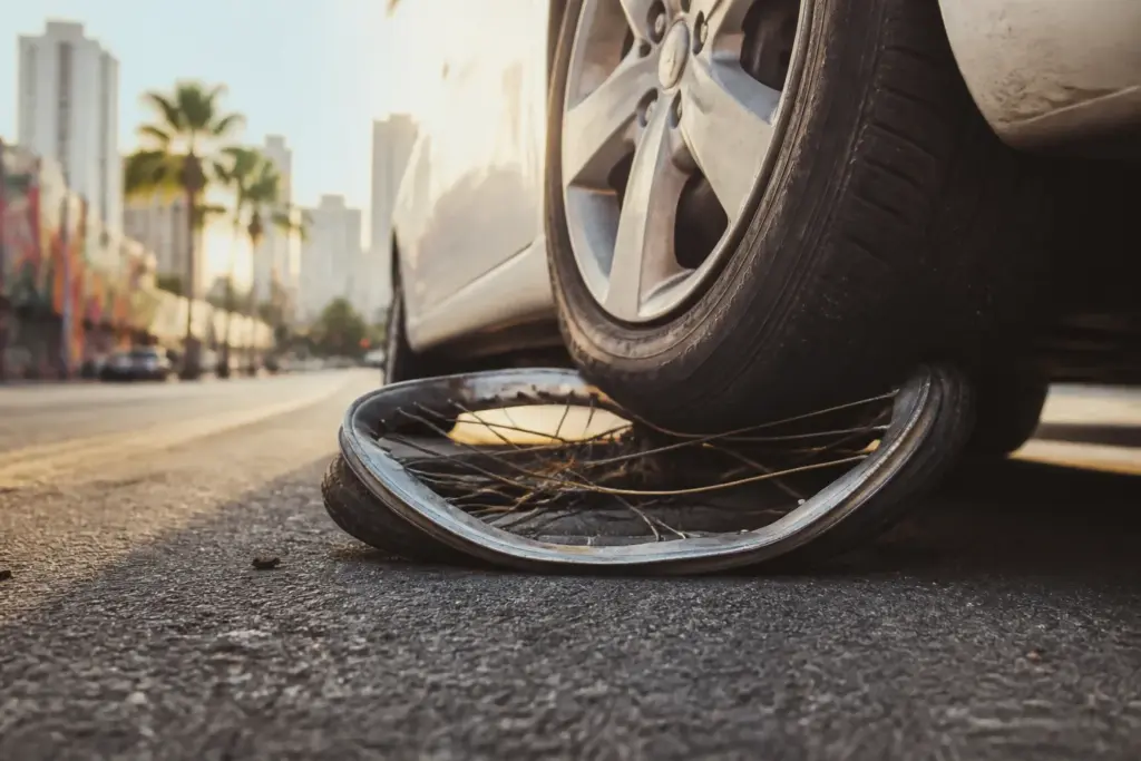 Close-up of a bent bicycle wheel lodged beneath a car tire on a sunlit Miami street, soft-focus skyline and palm trees in background evoking Brickell...
