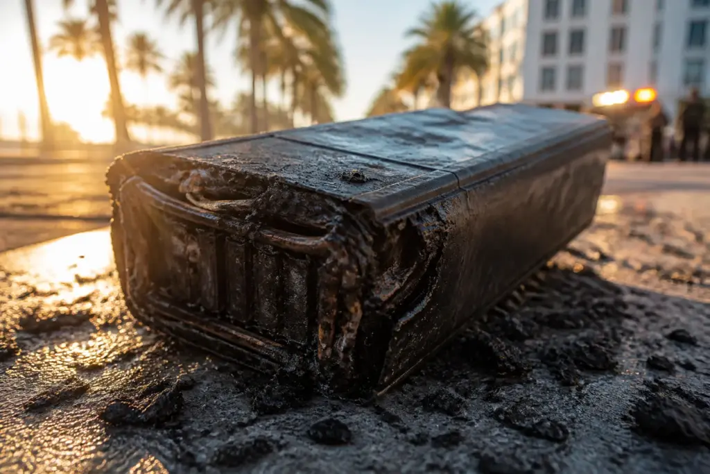 Close-up of a charred e-bike battery pack lying on sunlit Miami pavement, scorched casing with melted edges and black soot, faint palm tree shadows an...