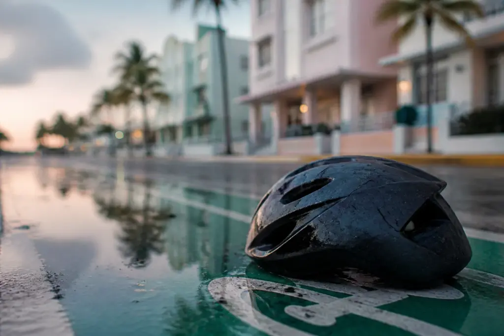 Close-up of a cracked bicycle helmet lying on a painted bike lane in Miami, wet pavement reflecting pastel art deco buildings and palm trees blurred i...