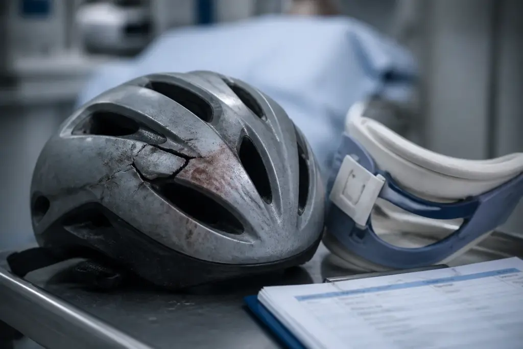 Close-up of a cracked bicycle helmet resting on a hospital tray, subtle bloodstain and a folded cervical collar beside it, soft clinical lighting, sha...
