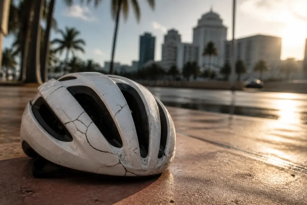Close-up of a cracked bicycle helmet resting on a sunlit Miami sidewalk, palm tree shadows and blurred Art Deco skyline in warm golden light, subtle r...