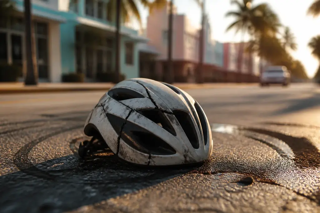 Close-up of a cracked bicycle helmet resting on sunlit Miami asphalt, single object centered, soft palm frond shadows, pastel art deco buildings subtl...