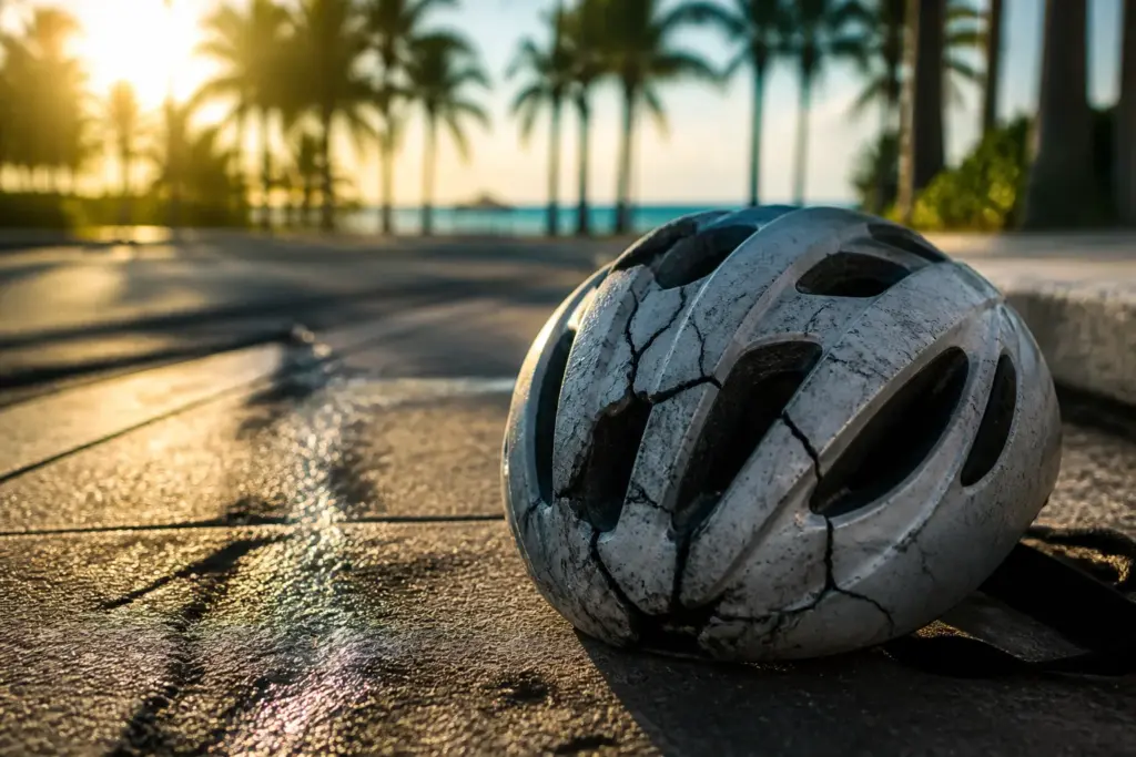 Close-up of a cracked bicycle helmet resting on sunlit Miami pavement with palm leaf shadows, warm golden light, shallow depth of field, realistic hig...
