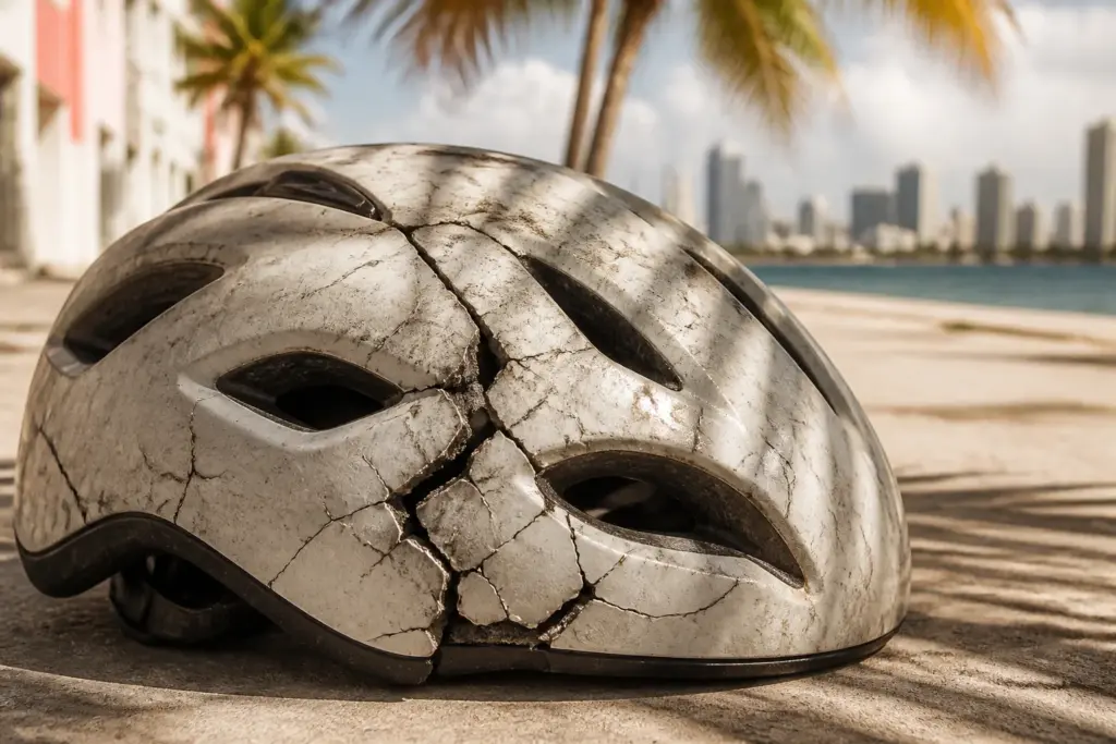 Close-up of a cracked bicycle helmet resting on sunlit Miami sidewalk, single object composition, subtle palm frond shadow across helmet, warm golden...
