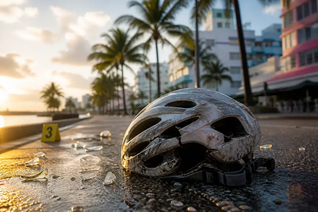 Close-up of a damaged bicycle helmet lying on a sunlit Miami waterfront bike path at golden hour, palm trees and Art Deco buildings blurred in backgro...