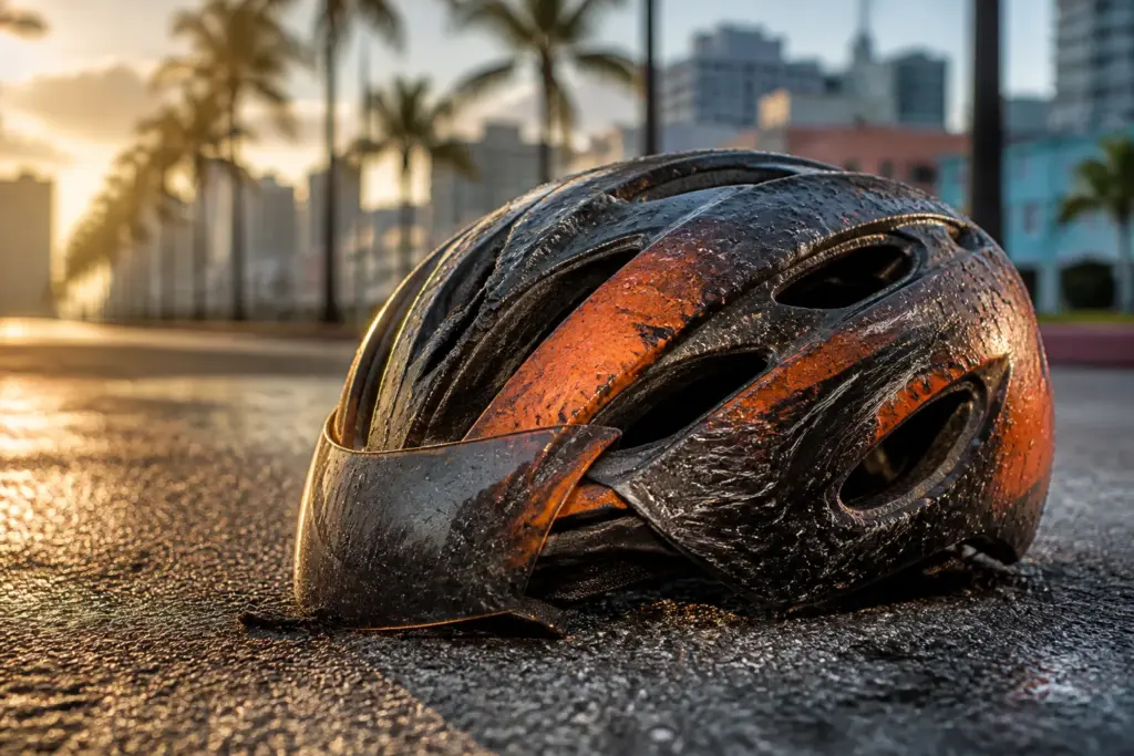 Close-up of a damaged bicycle helmet resting on sunlit Miami asphalt, palm tree shadows and blurred pastel Miami skyline in warm golden light, raindro...