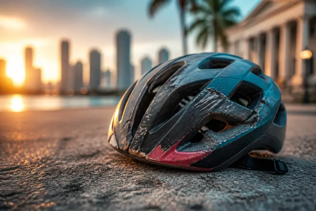 Close-up of a damaged bicycle helmet resting on sunlit pavement, single focal object, subtle Miami skyline and palm tree silhouettes softly blurred in...