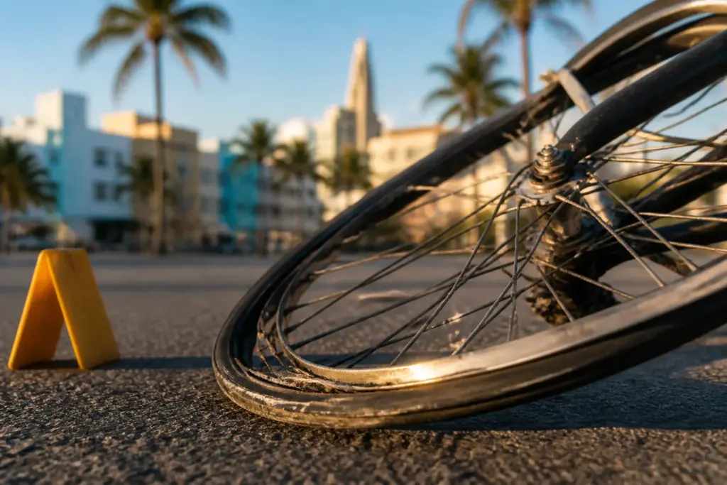 Close-up of a damaged bicycle wheel lying on sunlit Miami asphalt, shallow depth of field, subtle palm tree and Art Deco skyline blur in background, w...