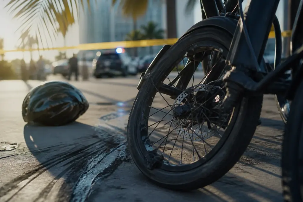 Close-up of a damaged electric bicycle wheel and bent frame resting on sunlit Miami pavement near a palm leaf shadow, police tape blurred in backgroun...