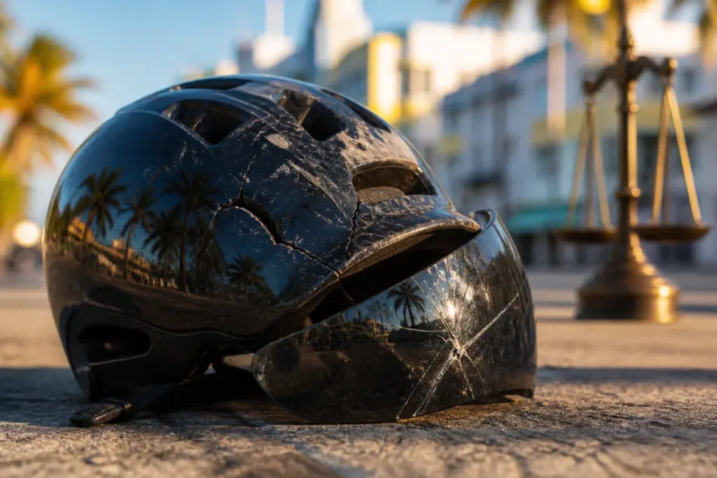 Close-up of a dented bicycle helmet with scratches and a cracked visor lying on sunlit pavement, subtle Miami palm tree reflections on glossy surface,...