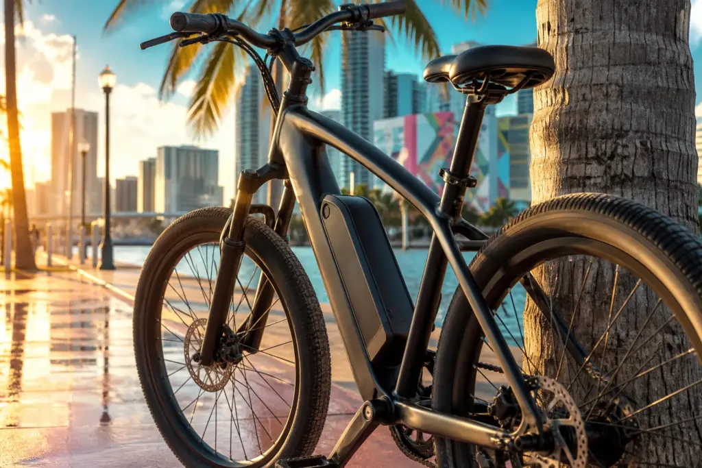 Close-up of a modern electric bicycle parked against a sunlit palm tree on a pastel Miami sidewalk at golden hour, subtle skyline of Brickell and Wynw...