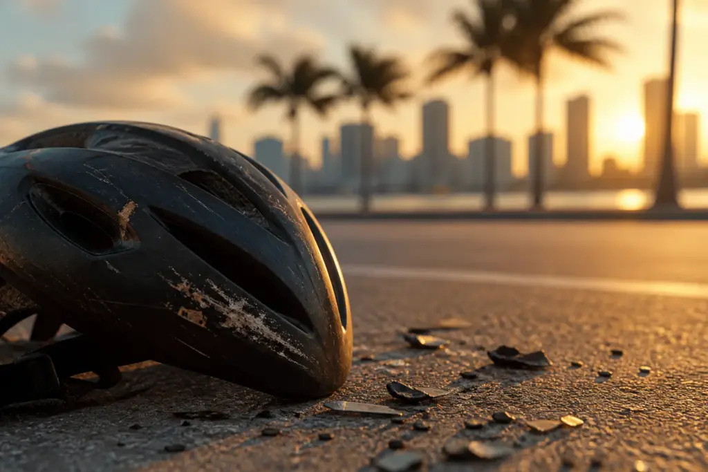 Close-up of a scratched bicycle helmet lying on warm Miami pavement, sunlit palm tree shadows falling across textured asphalt, a small pool of scatter...
