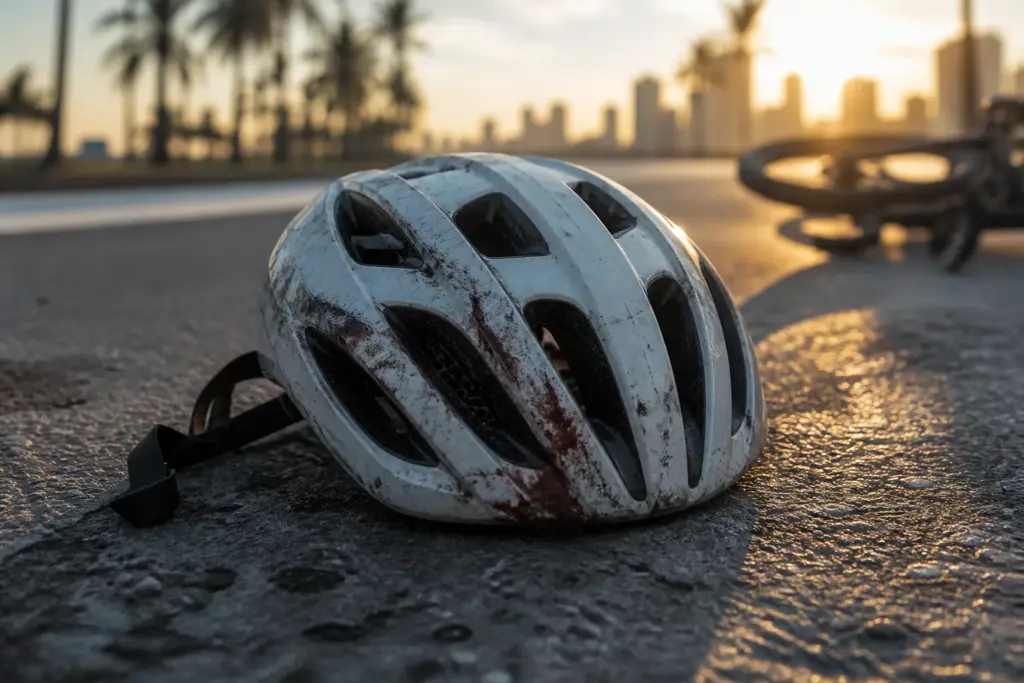 Close-up of a scratched bicycle helmet resting on Miami asphalt after a crash, scuffed paint and scraped edges, subtle bloodstain, palm tree shadows,...