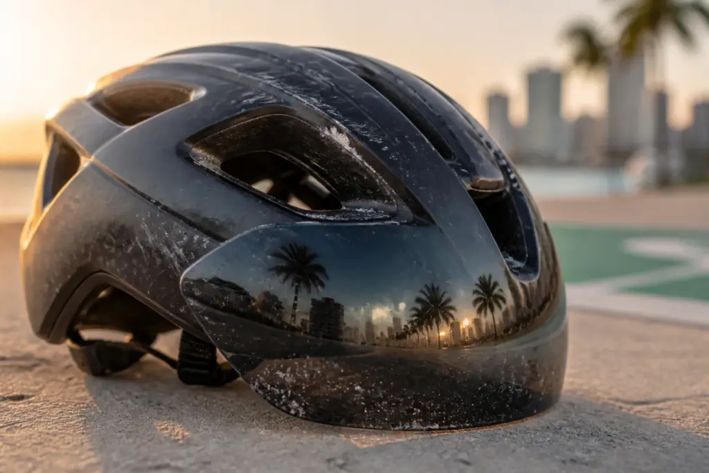 Close-up of a scratched bicycle helmet resting on sunlit concrete, subtle reflection of Miami palm trees and skyline in the visor, golden-hour light,...
