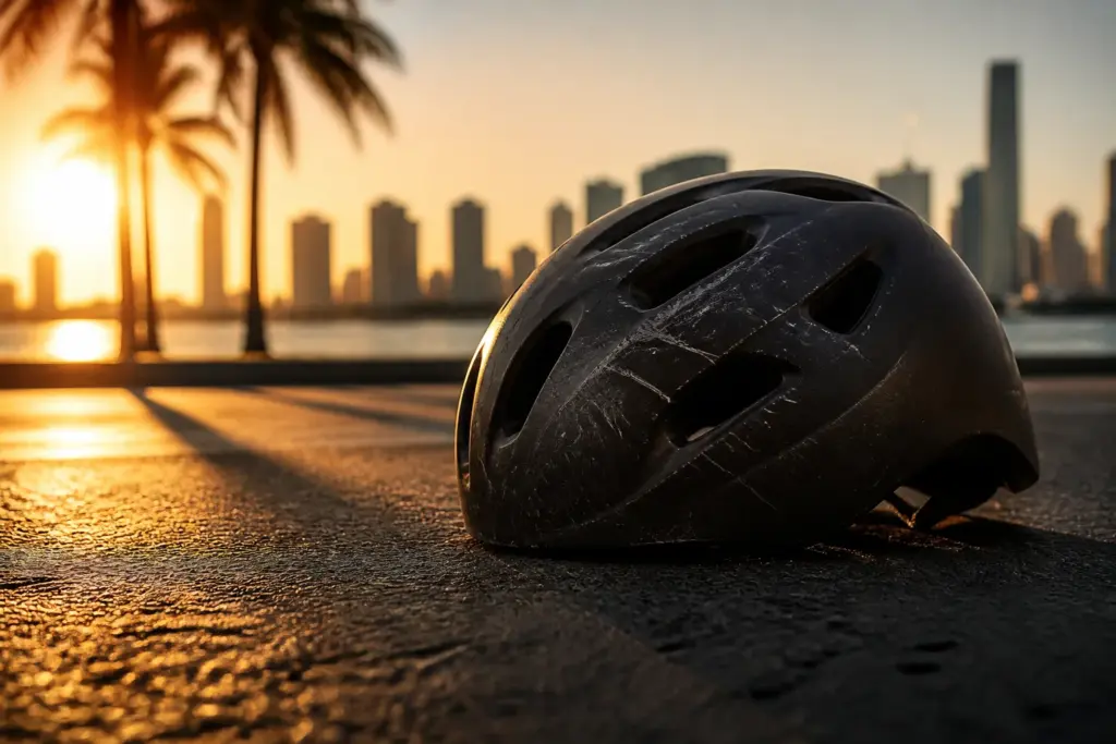Close-up of a scratched electric bike helmet on Miami asphalt, palm tree shadows, blurred skyline, warm golden-hour light, cinematic photorealism, hd,...