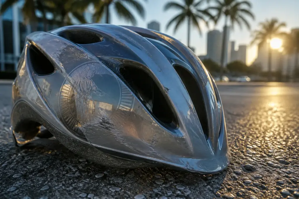 Close-up of a scuffed, dented bicycle helmet resting on sunlit Miami asphalt, faint palm tree shadows nearby, subtle embossed Florida Bar seal reflect...