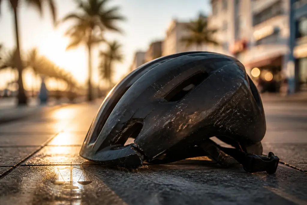 Close-up of a scuffed electric bicycle helmet resting alone on a sunlit Miami sidewalk, palm tree shadows and distant Art Deco buildings blurred in th...