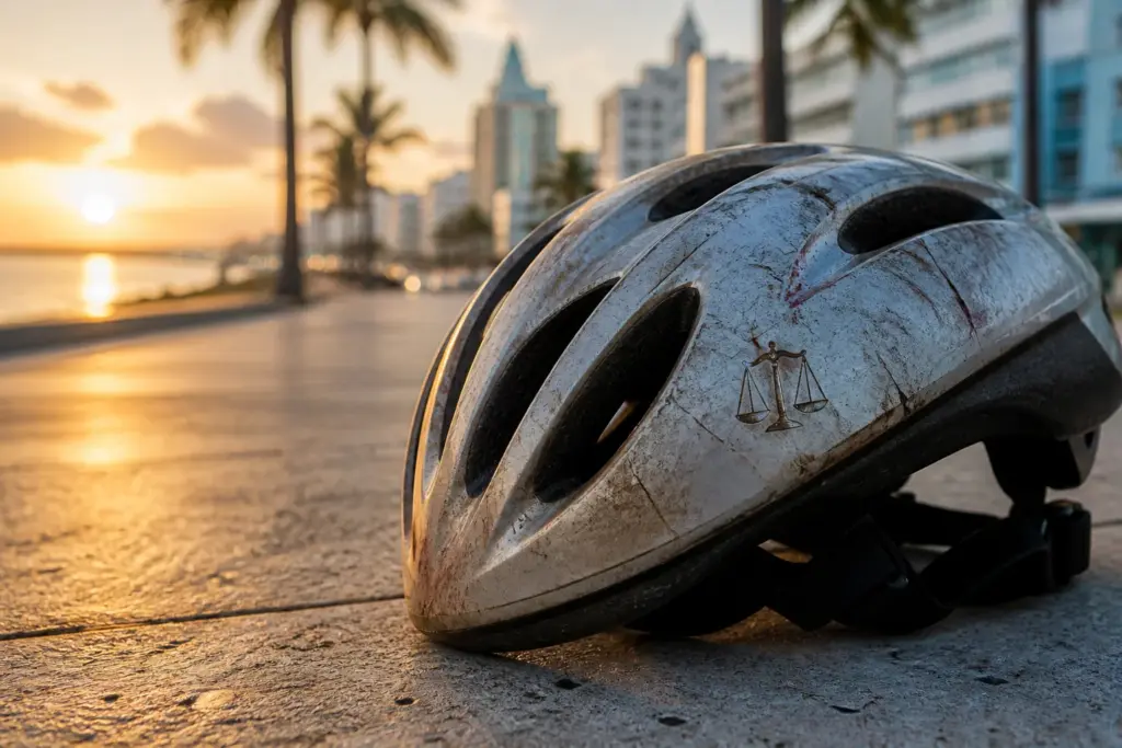Close-up of a single battered bicycle helmet resting on sunlit Miami pavement, subtle palm tree shadows and distant Art Deco skyline blurred in backgr...