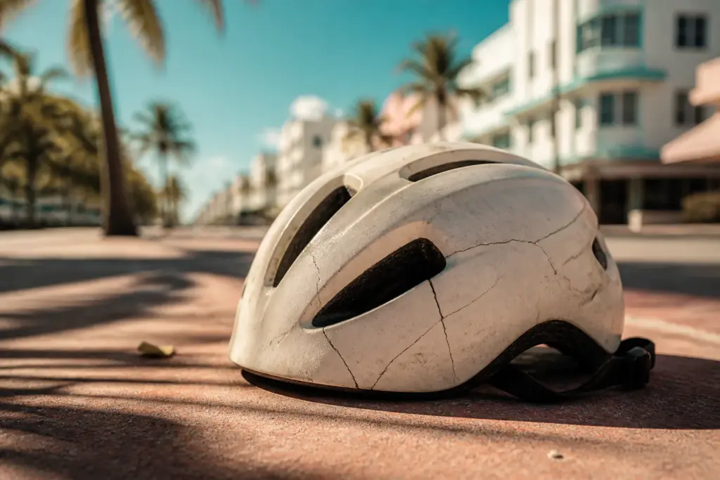 Close-up of a single cracked bicycle helmet lying on sunlit Miami sidewalk, hairline fractures and scuffs visible, soft palm tree shadows crossing the...
