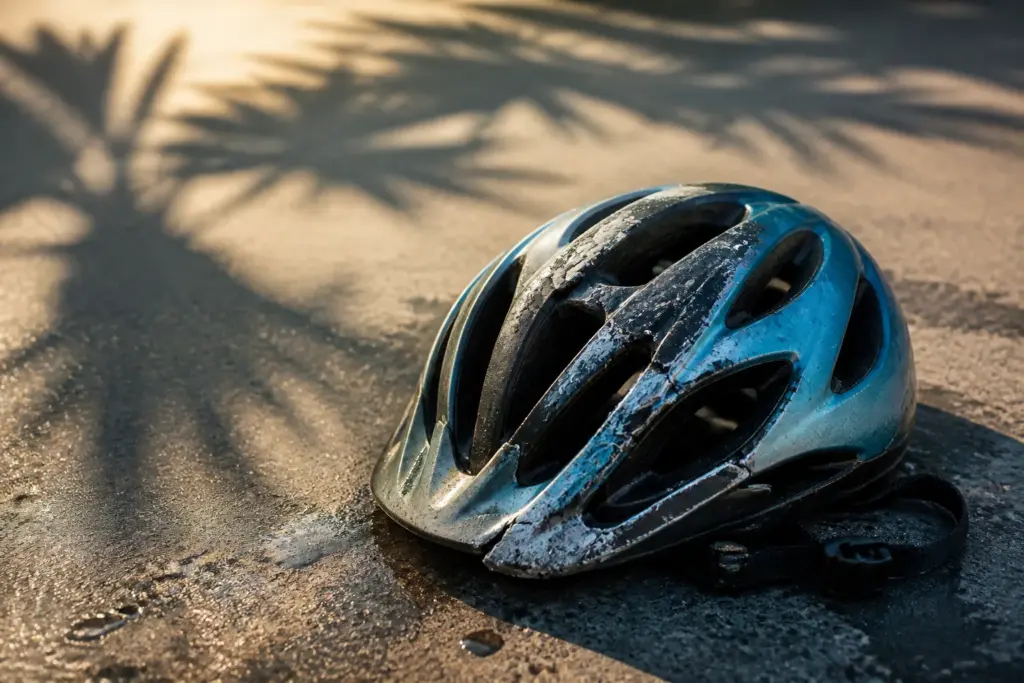 Close-up of a single damaged bicycle helmet on sunlit Miami pavement, scuffed surface and cracked shell, faint shadow of palm fronds in soft focus, wa...