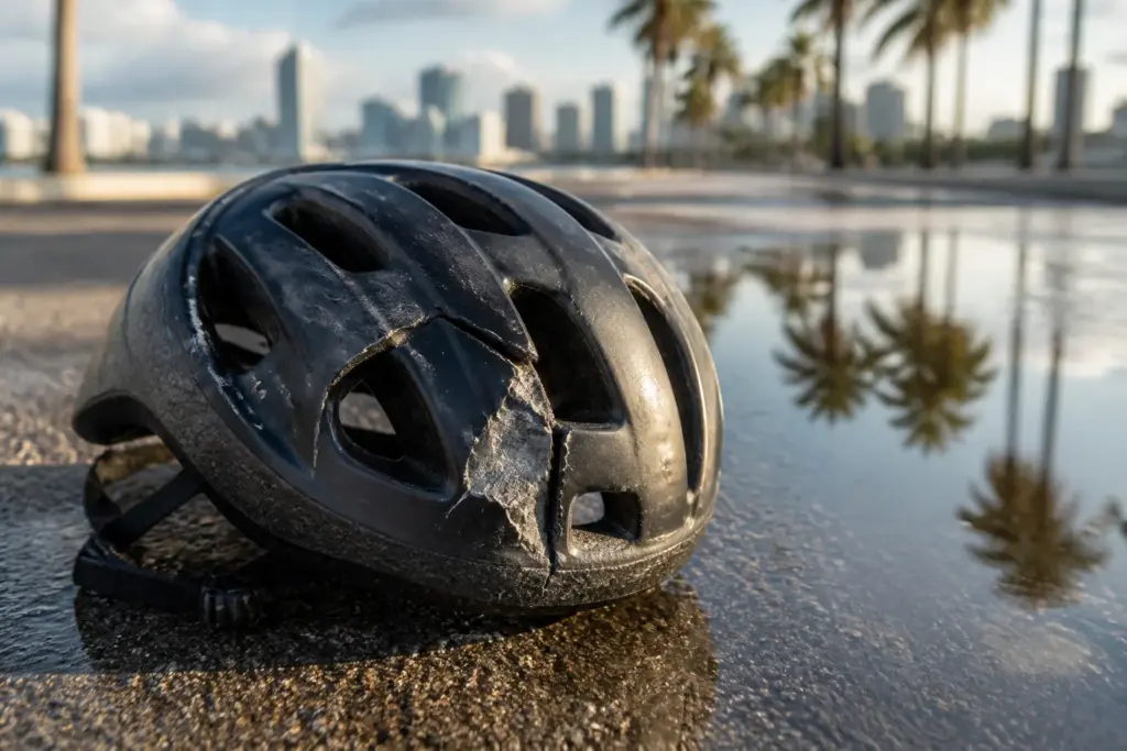 Close-up of a single dented bicycle helmet on sunlit Miami pavement, soft shadow, subtle palm tree reflection in a nearby puddle with distant skyline,...