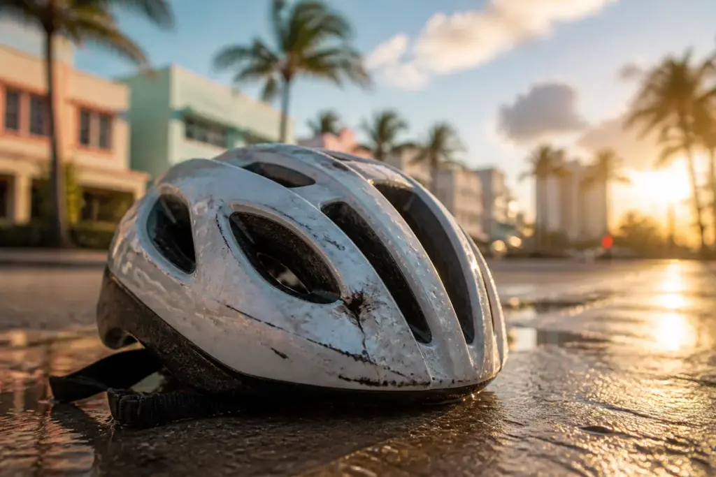 Close-up of a single dented bicycle helmet resting on sunlit Miami pavement, palm tree shadows and pastel art deco buildings softly blurred in the bac...