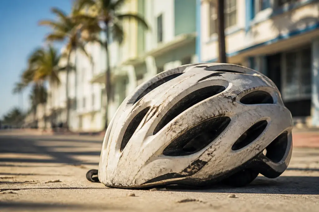 Close-up of a single dented bicycle helmet resting on sunlit Miami pavement with subtle palm tree shadows and pastel Art Deco buildings blurred in the...