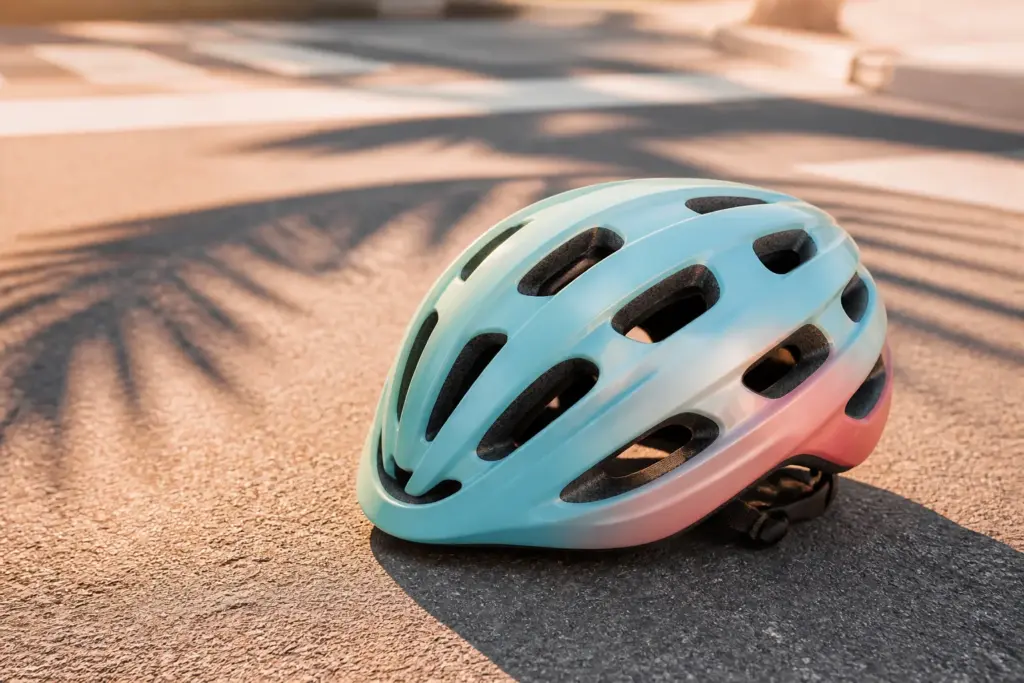 Close-up of a single modern bicycle helmet resting on sunlit Miami asphalt, pastel coastal color palette, warm golden-hour lighting, soft palm-tree sh...
