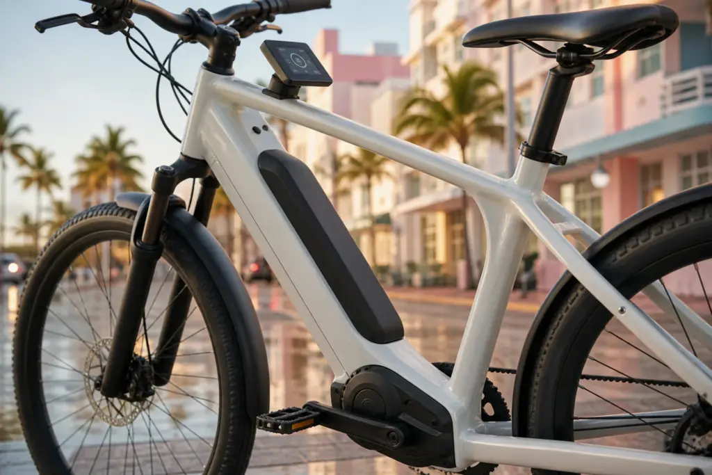 Close-up of a single modern Class electric bicycle parked on a sunlit Miami sidewalk, focus on mid-drive motor and integrated display, palm trees an...