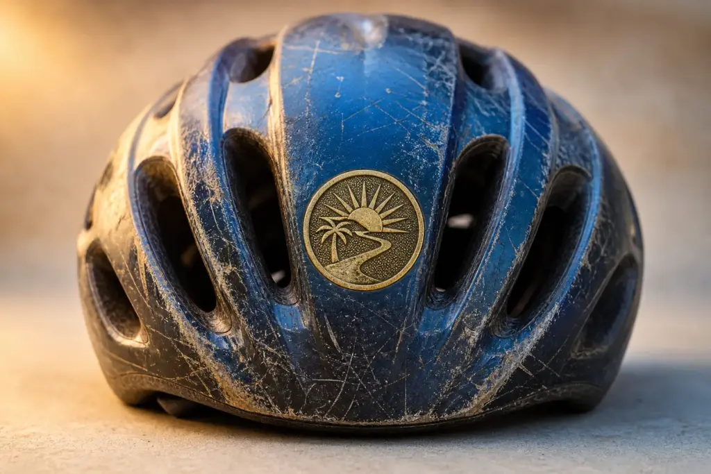 Close-up of a well-used cyclist helmet resting on a simple neutral background, centered and sharply lit. The helmet bears a subtle embossed gold circu...