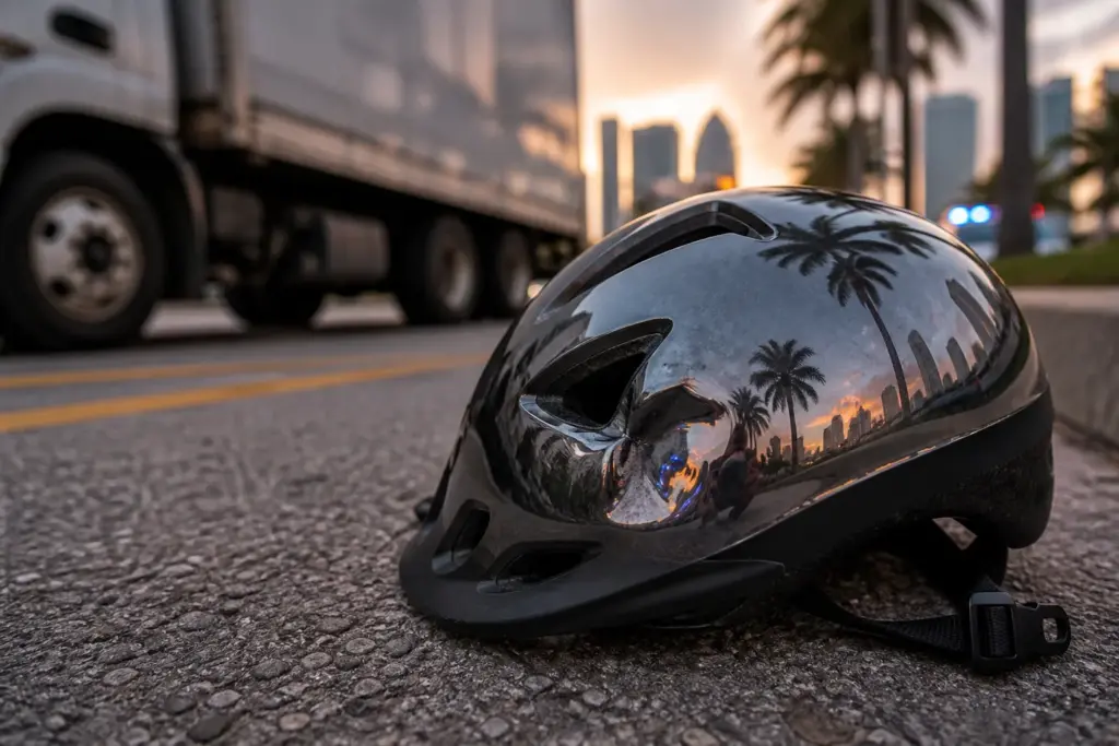 dented bicycle helmet lying on sunlit Miami pavement, glossy surface reflecting a blurred commercial truck and palm trees with Miami skyline at dusk,...