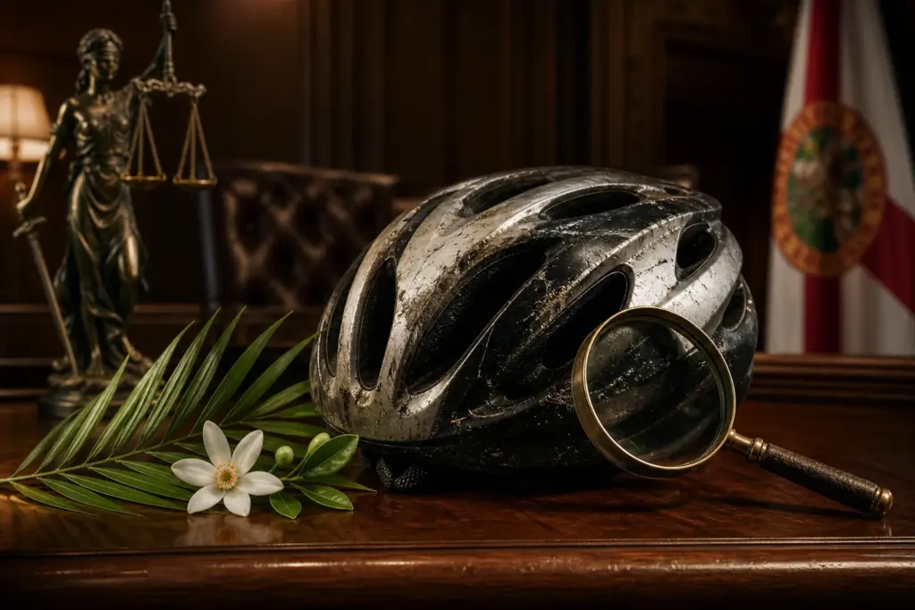 Featured image: a single scuffed road bicycle helmet placed solemnly on a polished wooden judge's bench, no text. Include subtle symbols: a small magn...