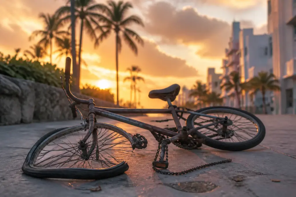 Featured image of a single damaged bicycle: bent front wheel, scratched frame and detached chain, resting on a pastel Miami sidewalk at sunset with so...