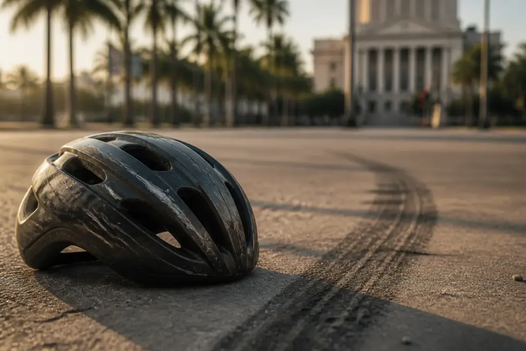 Photo-realistic close-up of a dented bicycle helmet lying on sunlit Miami pavement, subtle tire skid marks nearby, palm trees and a courthouse silhoue...