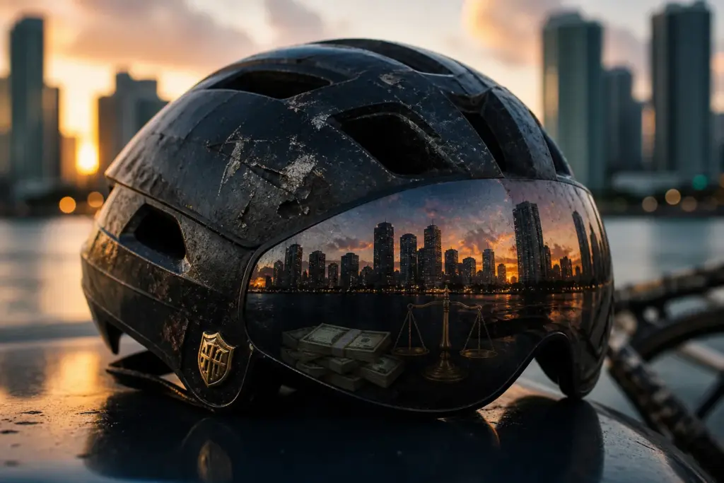 Photorealistic close-up of a battered bicycle helmet resting on a glossy surface, reflecting the Miami skyline and faint images of stacks of cash and...