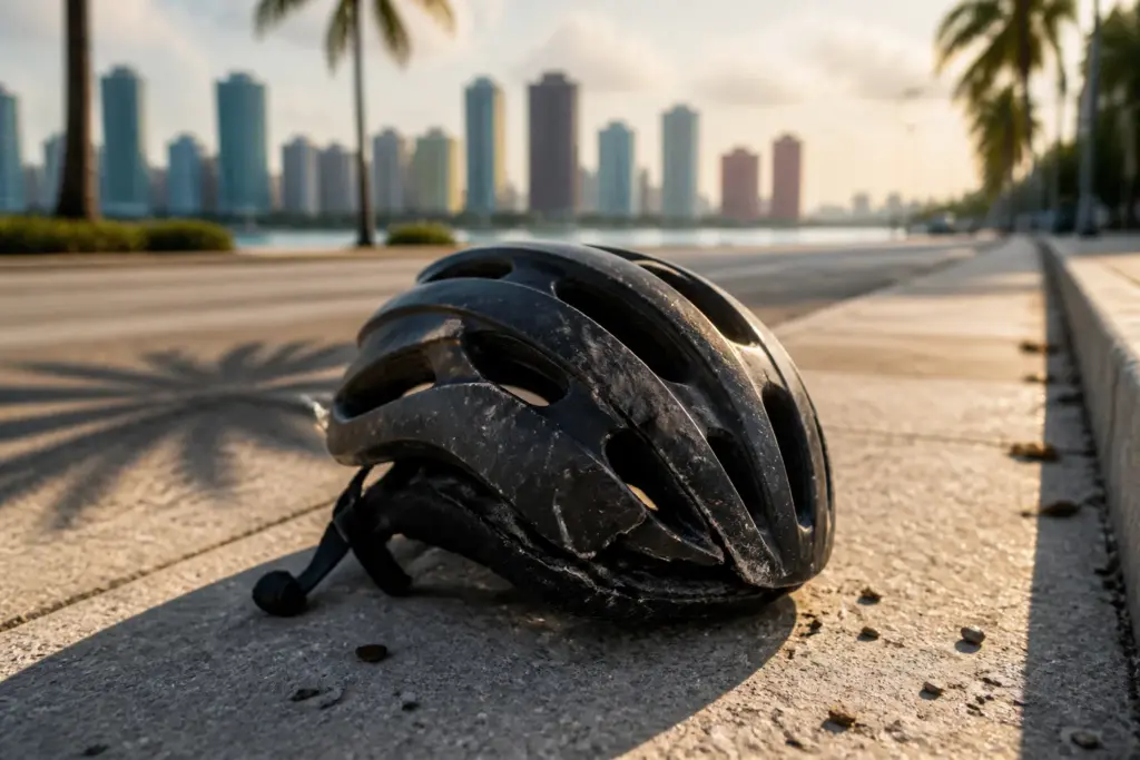 Photorealistic close-up of a cracked bicycle helmet lying on sunlit Miami sidewalk, single object centered, subtle palm tree shadow across the pavemen...