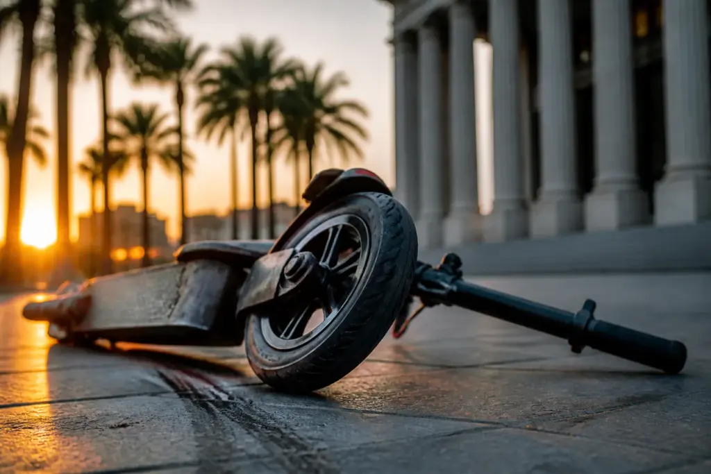 Photorealistic close-up of a scratched, toppled electric scooter wheel and handlebar lying on sunlit Miami pavement at golden hour; single object, no...