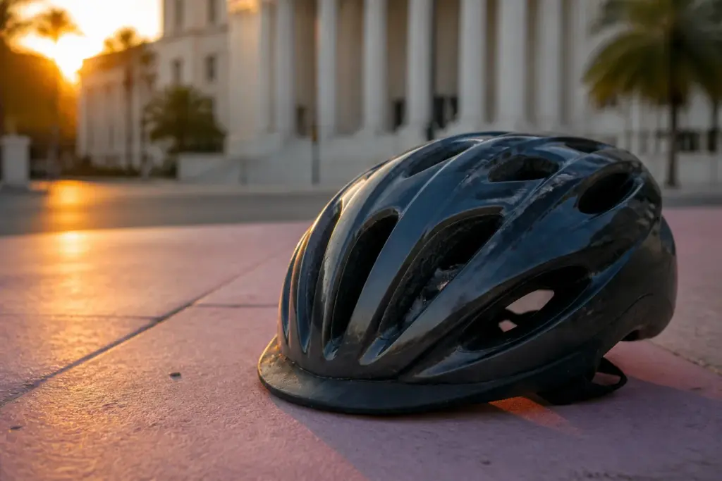 Photorealistic close-up of a single bicycle helmet resting on a sunlit pastel Miami sidewalk at golden hour, warm cinematic lighting, shallow depth of...