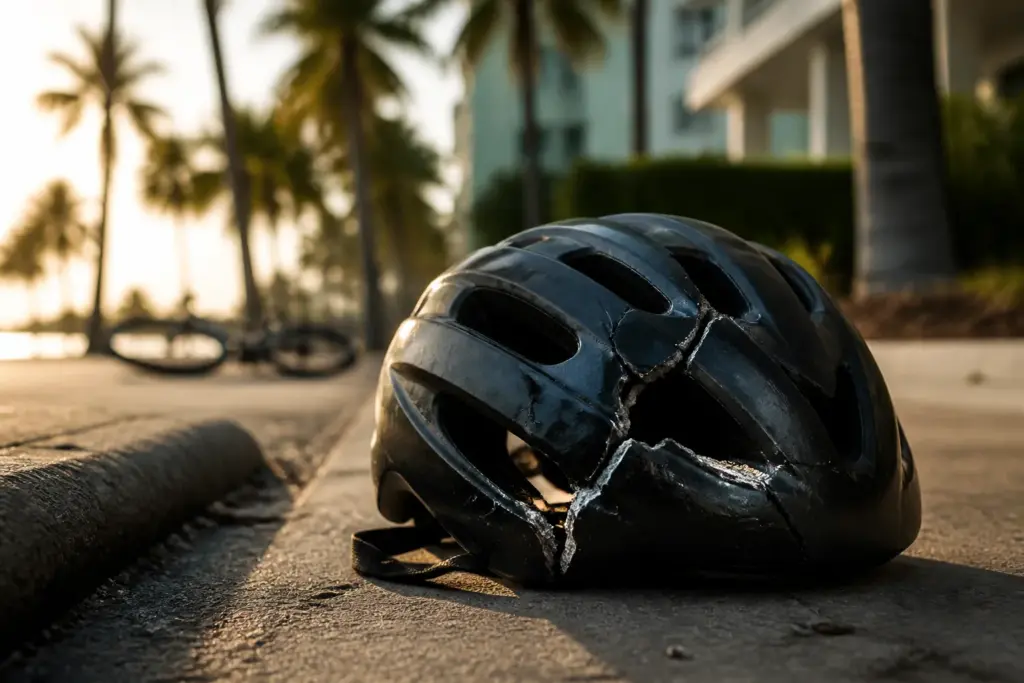 Photorealistic close-up of a single cracked bicycle helmet on a sunlit Miami sidewalk, palm tree shadows and warm golden light suggesting South Florid...