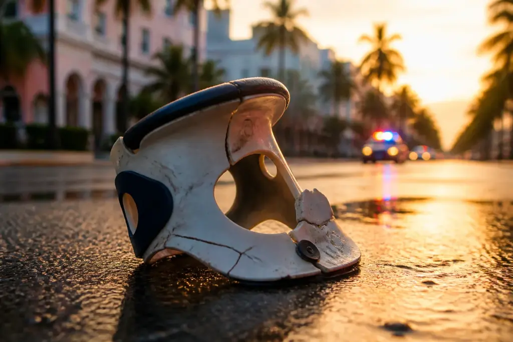 Photorealistic close-up of a single cracked cervical neck brace lying on sunlit Miami street pavement, palm trees and pastel Art Deco buildings softly...