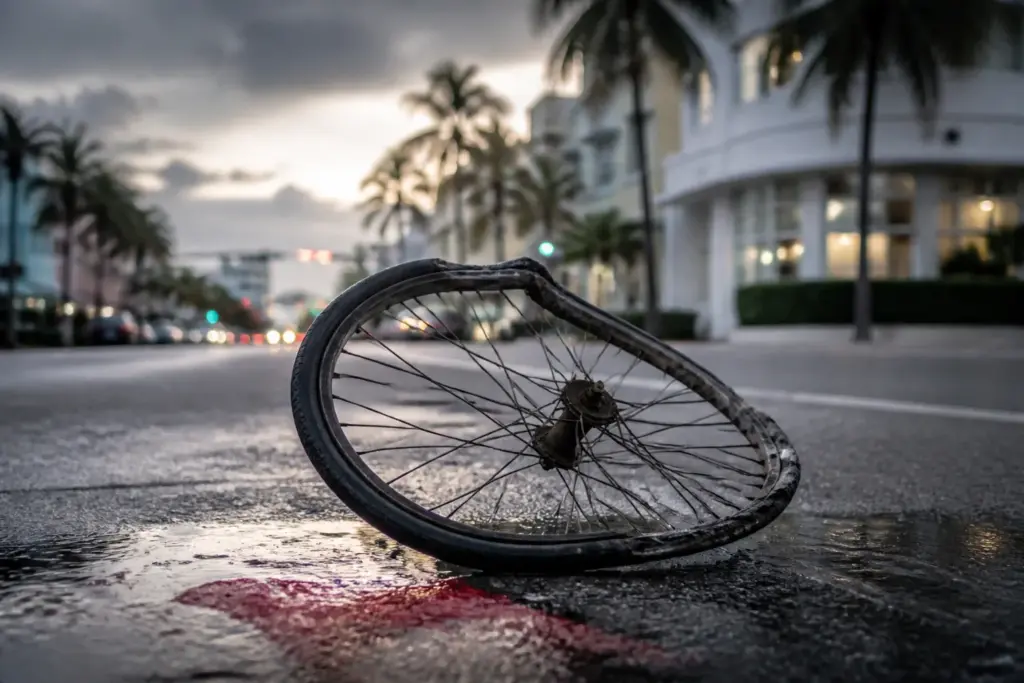 Photorealistic close-up of a single damaged bicycle wheel lying in the middle of a Miami intersection at dusk: cracked rim, twisted spokes, a small sc...