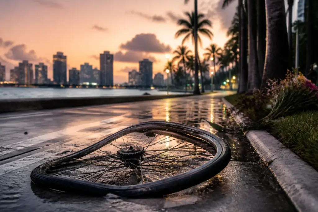 Photorealistic close-up of a single damaged bicycle wheel lying on a Miami bike lane at dusk, palm trees and city skyline softly blurred in background...