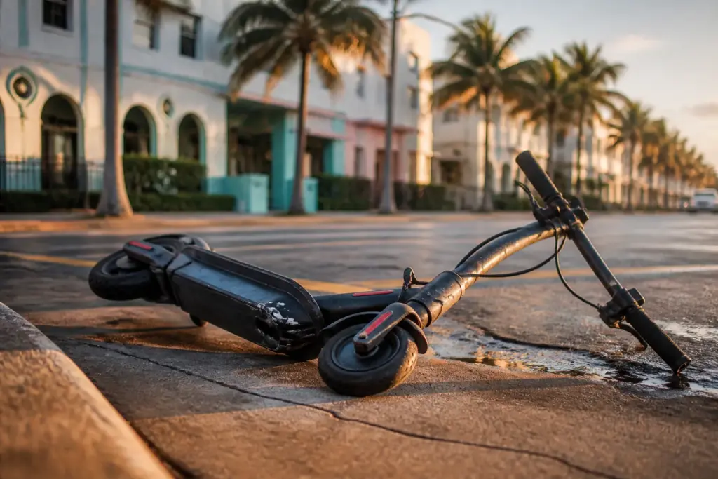 Photorealistic close-up of a single damaged electric scooter lying on cracked Miami pavement near a curb, golden late afternoon light, palm trees and...